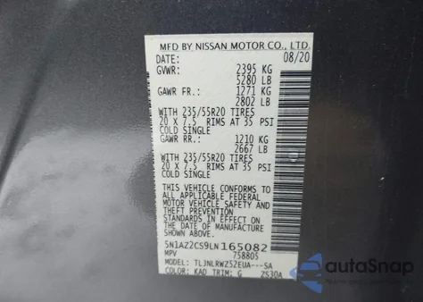 2020 Nissan Murano Sl Intelligent Awd z USA, uszkodzony, nr VIN 5N1AZ2CS9LN165082